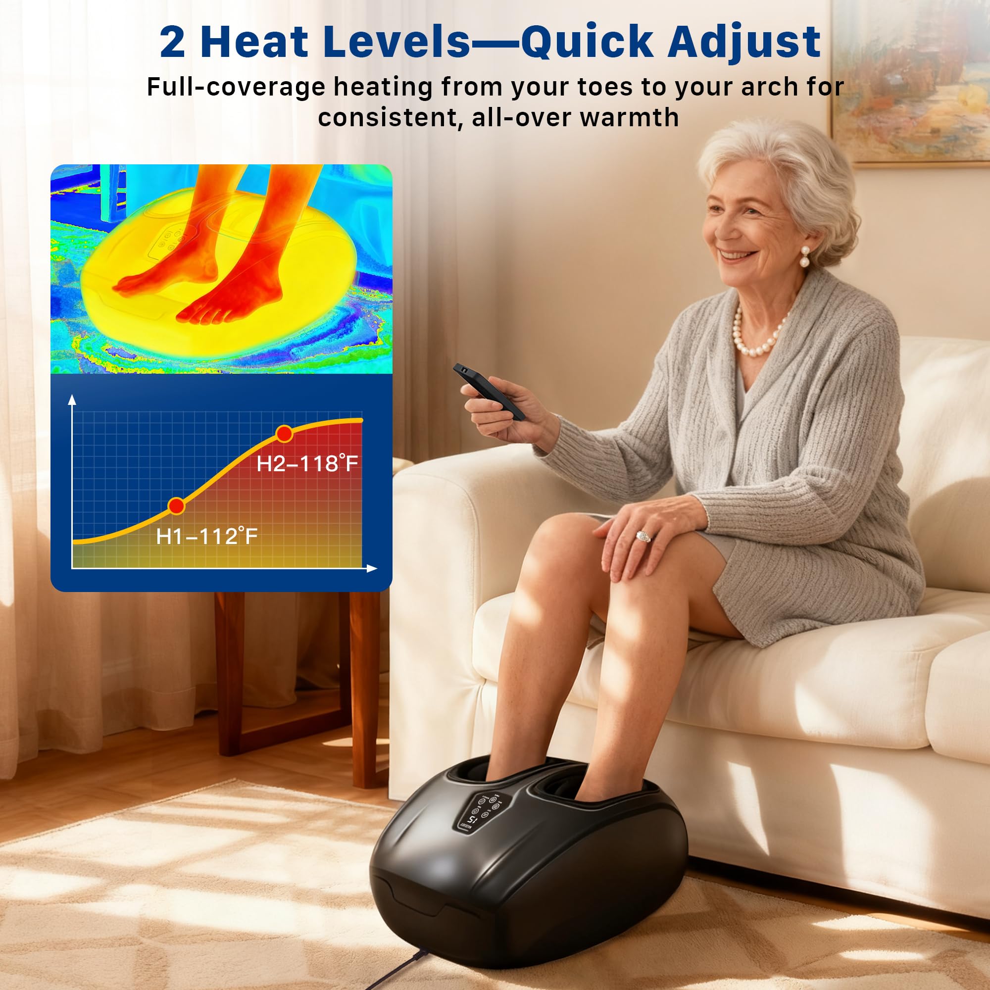 Musugy Shiatsu Foot Massager remote control enables hands-free operation.