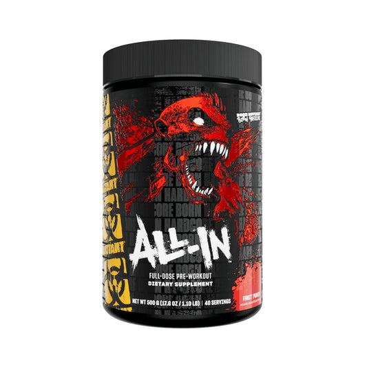 Mutant All-In Fruit Punch tub for pre-workout energy and focus