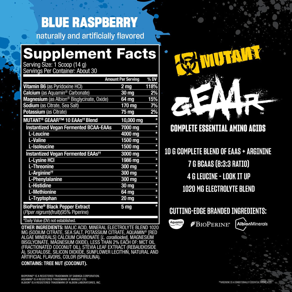 Nutrition facts panel close-up for Mutant GEAAR blend