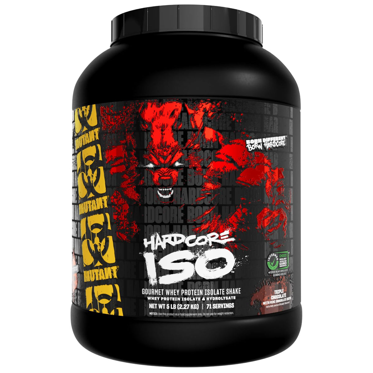 Mutant Hardcore ISO Whey bottle shows triple chocolate formula for post workout fueling.
