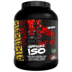 Mutant Hardcore ISO Whey bottle shows triple chocolate formula for post workout fueling.