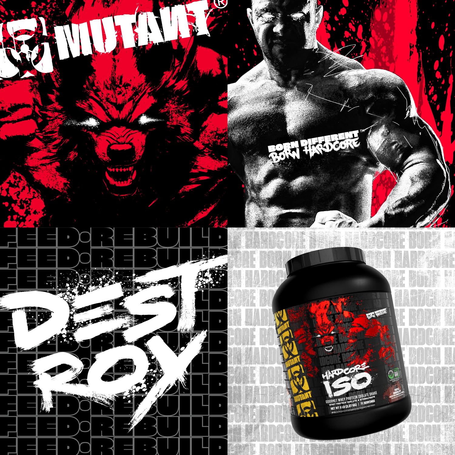 Mutant Hardcore ISO Whey measuring scoop displaying serving size and protein content.