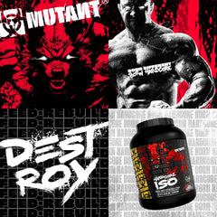 Mutant Hardcore ISO Whey measuring scoop displaying serving size and protein content.