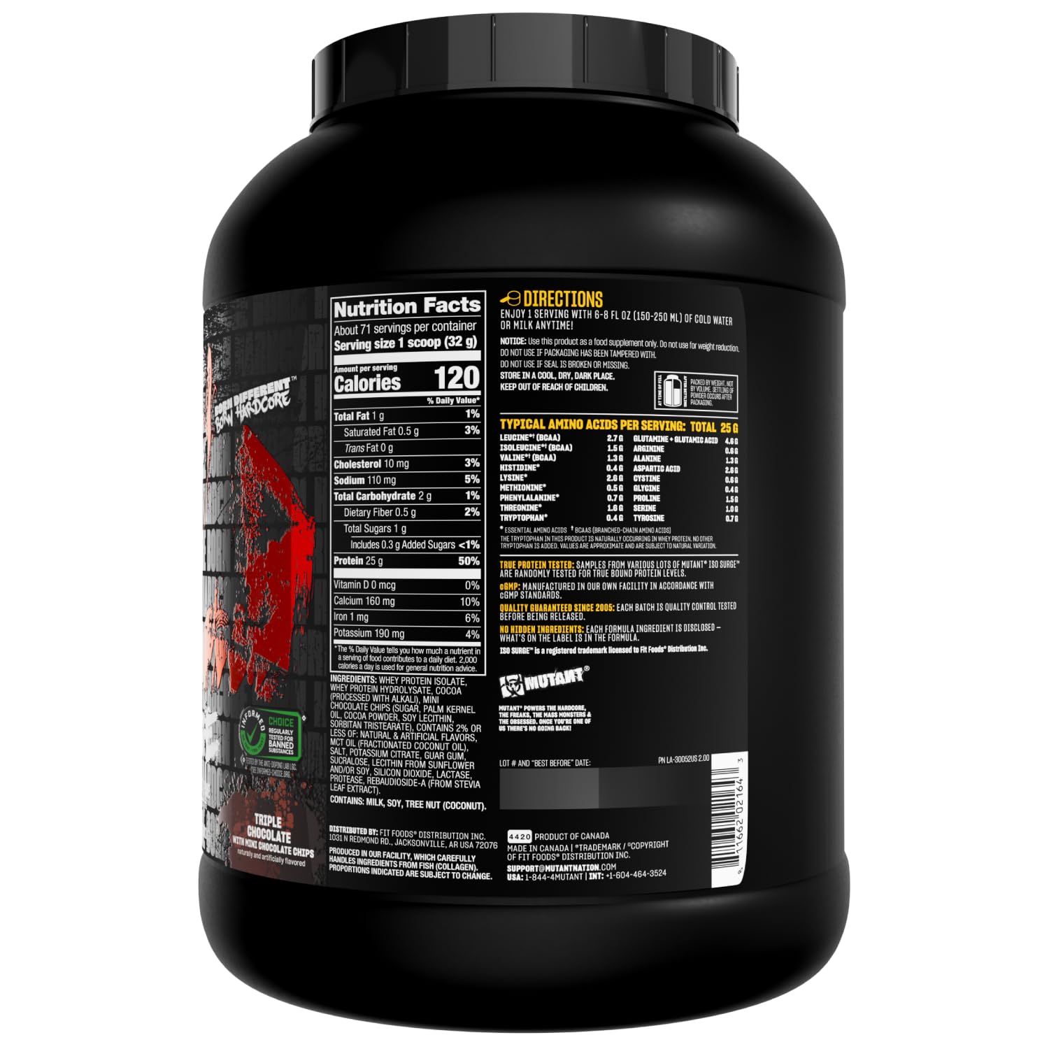 Mutant Hardcore ISO Whey tub seen from the side emphasizing packaging and flavor range.