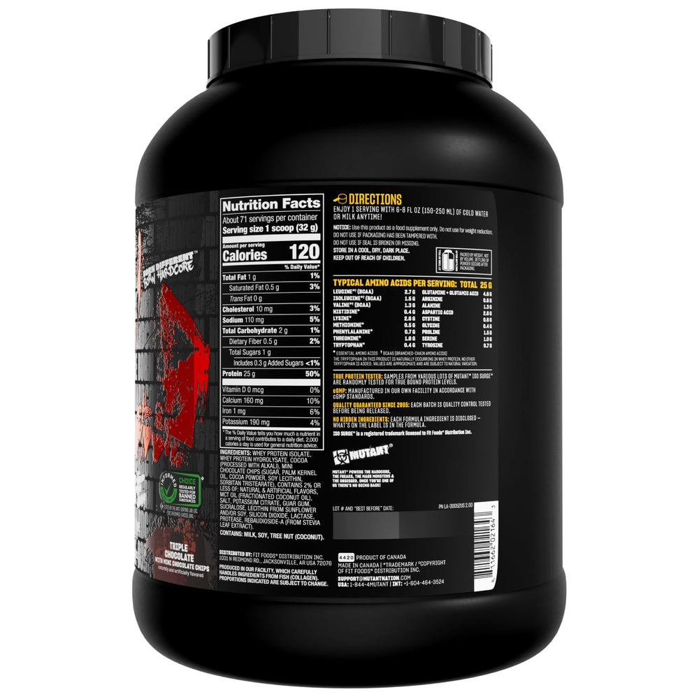 Mutant Hardcore ISO Whey tub seen from the side emphasizing packaging and flavor range.