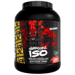Mutant Hardcore ISO Whey bottle in strawberry milkshake flavor for post-workout fueling.