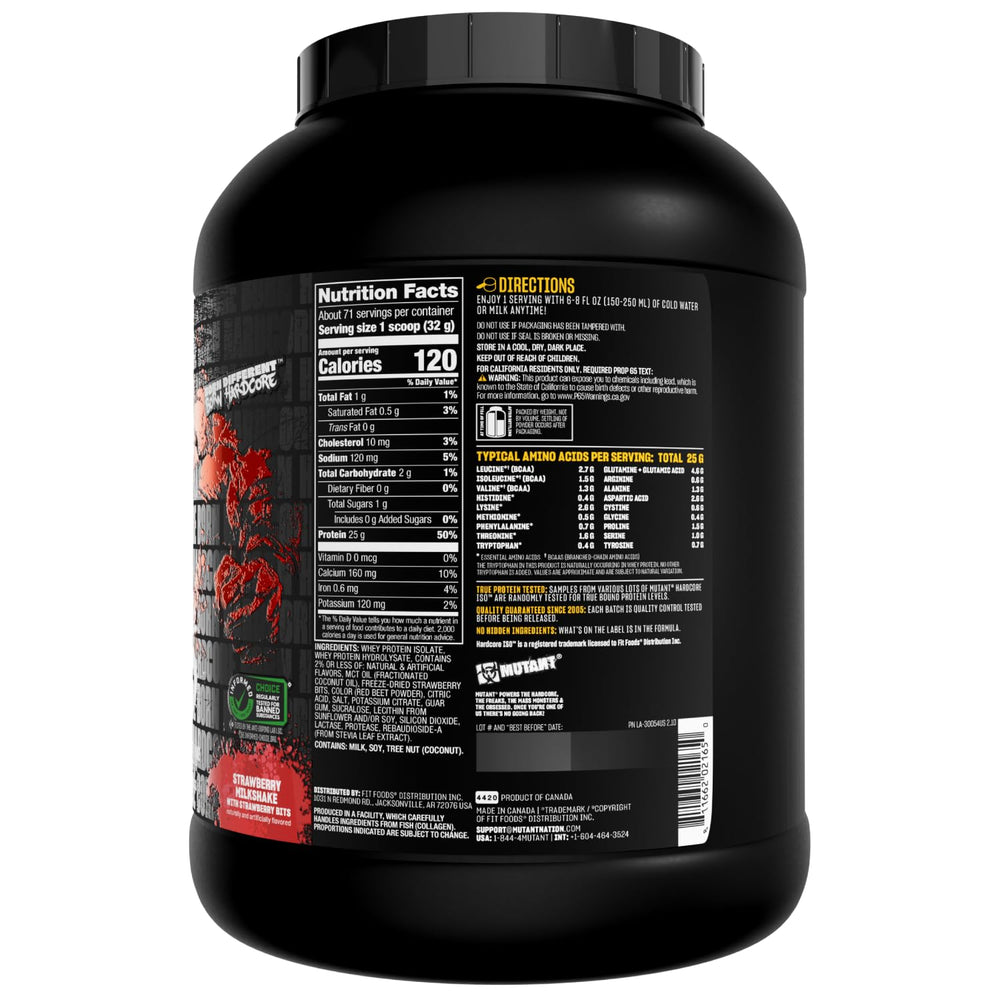 Mutant Hardcore ISO Whey scoop beside a glass ready for morning routine.