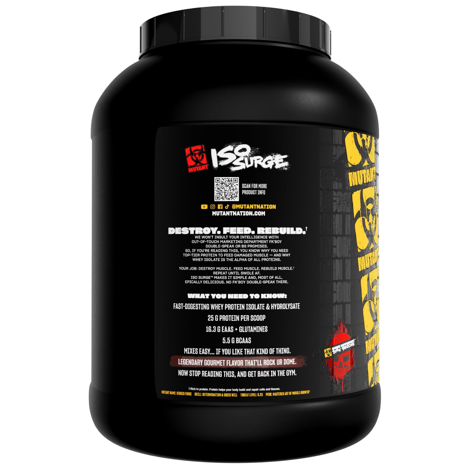 Mutant Hardcore ISO Whey triple chocolate product shot on kitchen counter.