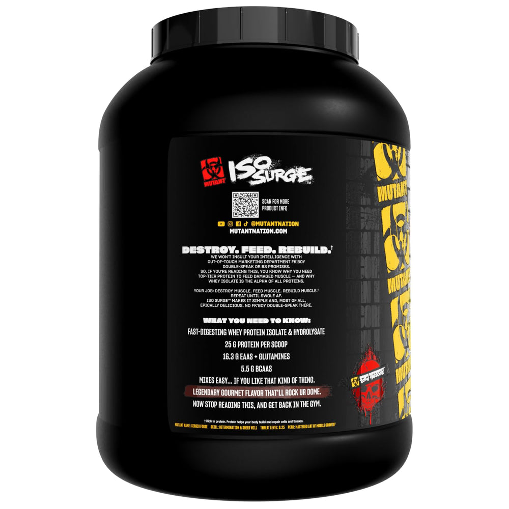 Mutant Hardcore ISO Whey triple chocolate product shot on kitchen counter.
