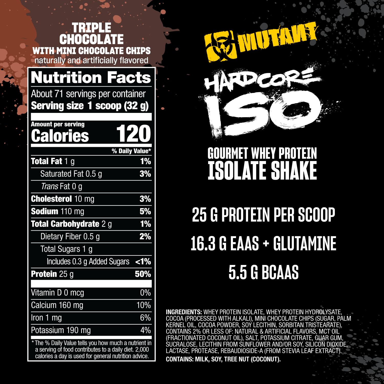 Mutant Hardcore ISO Whey tub label highlighting premium ingredients and quality.