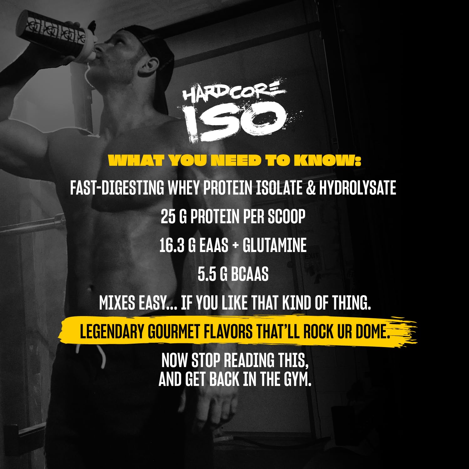 Mutant Hardcore ISO Whey powder pouring from tub to demonstrate fast mix capability.