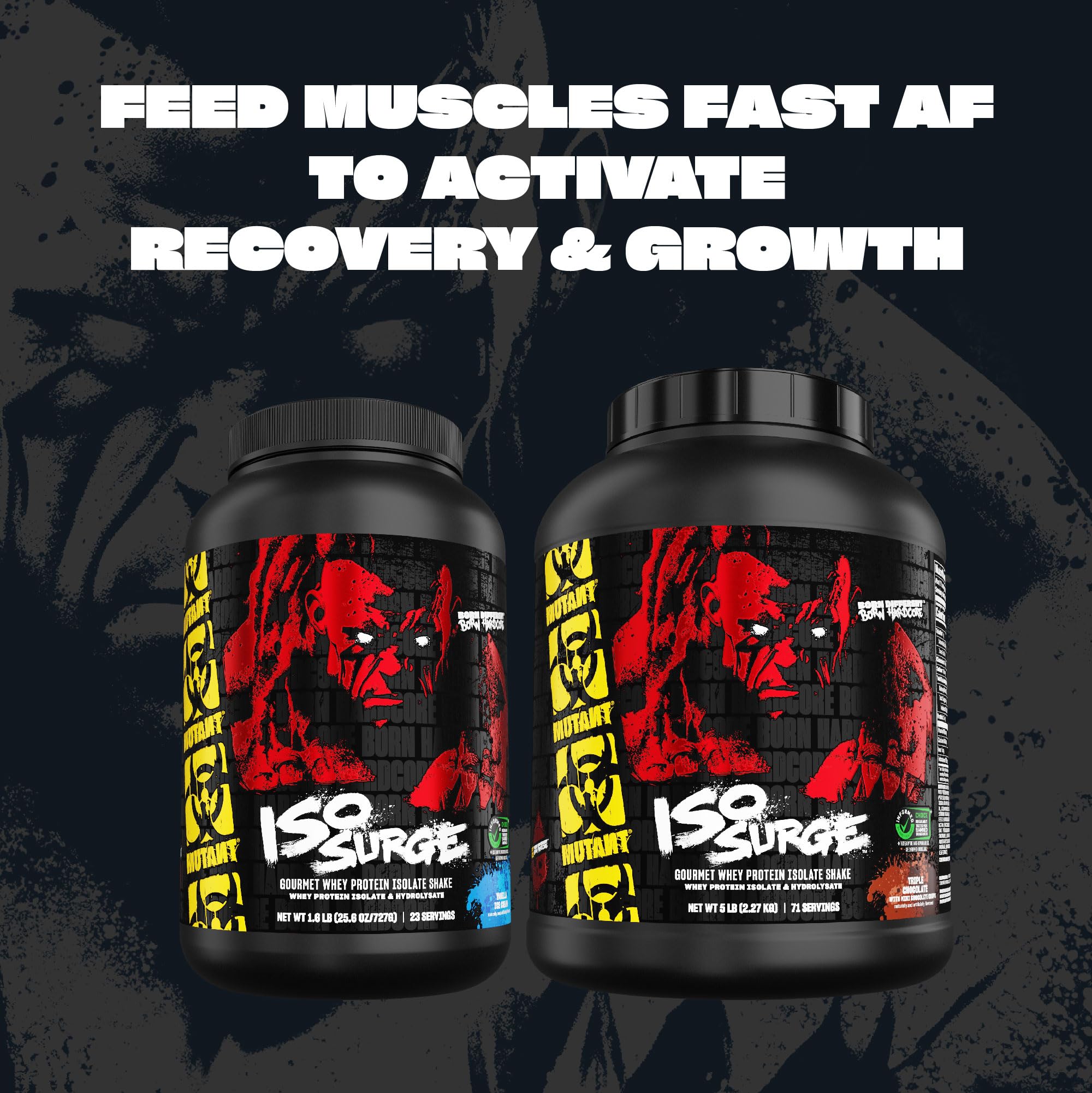 Mutant ISO Surge tub front label emphasizing high-protein per scoop.