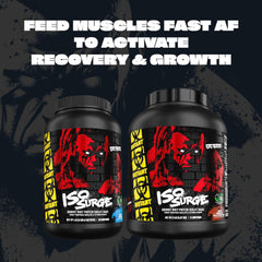 Mutant ISO Surge tub front label emphasizing high-protein per scoop.