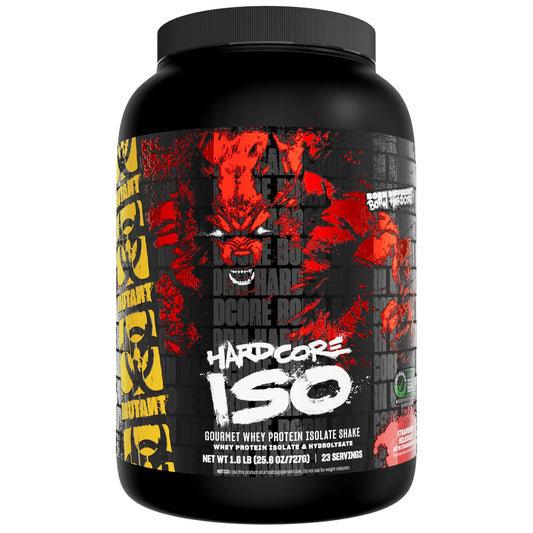 Mutant ISO Surge whey protein isolate powder in strawberry milkshake for fast protein delivery.