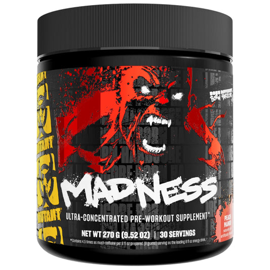 Mutant Madness can front view, high-energy pre-workout powder