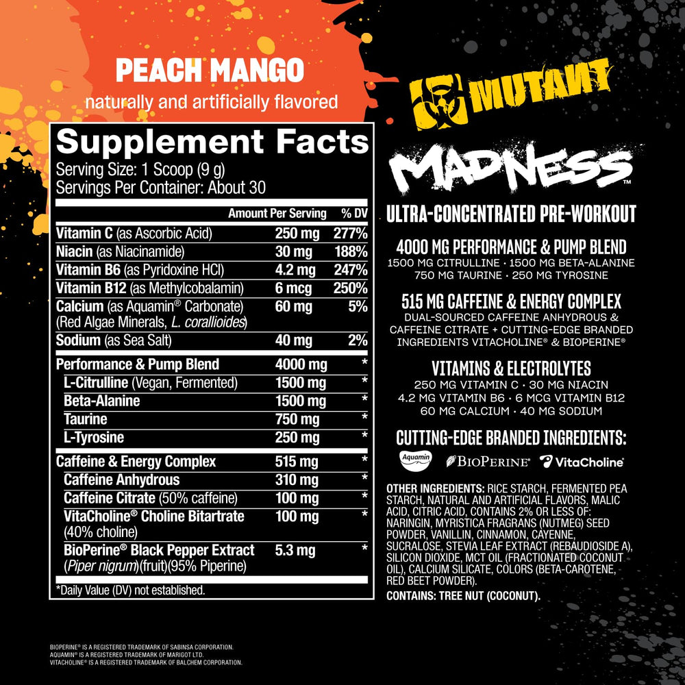 Mutant Madness label close-up, shows ingredients and dosage