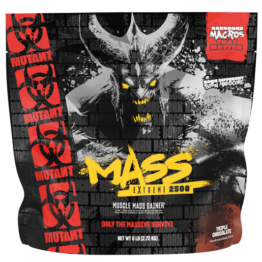 Mutant Mass Extreme 2500 bottle front, high calorie mass gainer for hard gainers