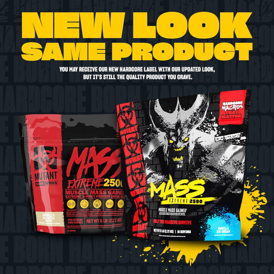Mutant Mass Extreme 2500 bottle nutrition panel with calories per serving