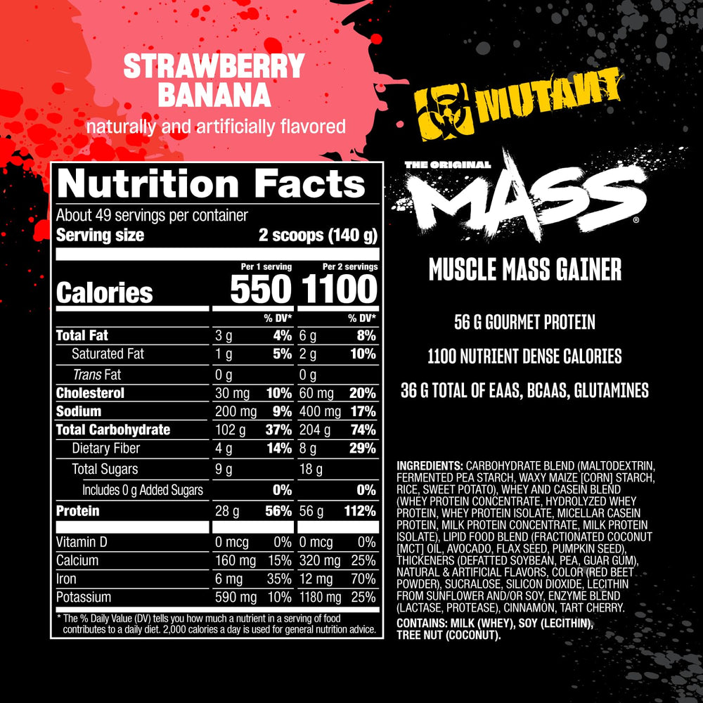 Mutant Mass whey and casein protein blend for substantial daily protein intake.