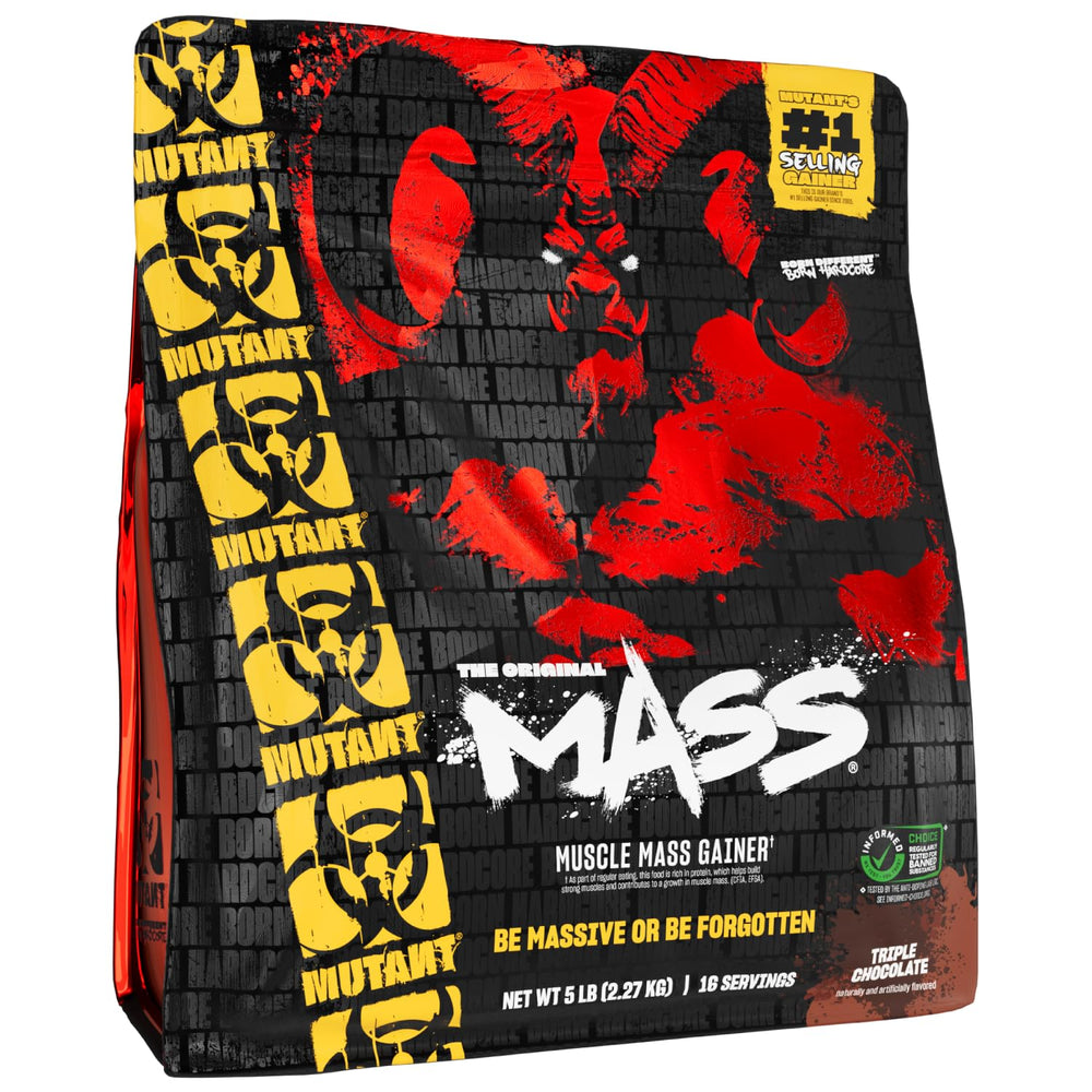 Mutant Mass triple chocolate 5lb bag front highlighting high-calorie mass gain.