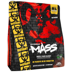 Mutant Mass triple chocolate 5lb bag front highlighting high-calorie mass gain.