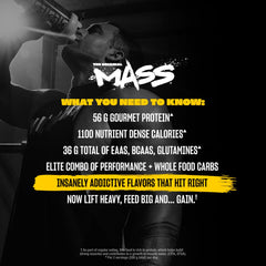 Mutant Mass tub viewed from the side highlighting packaging and flavor