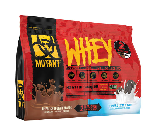 Mutant Whey Dual Chamber Triple Chocolate flavor, rich post-workout shake option.