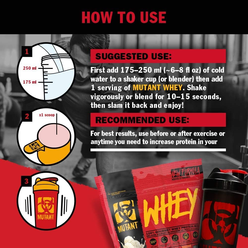Mutant Whey protein scoop serving, easy measurement for recipes.