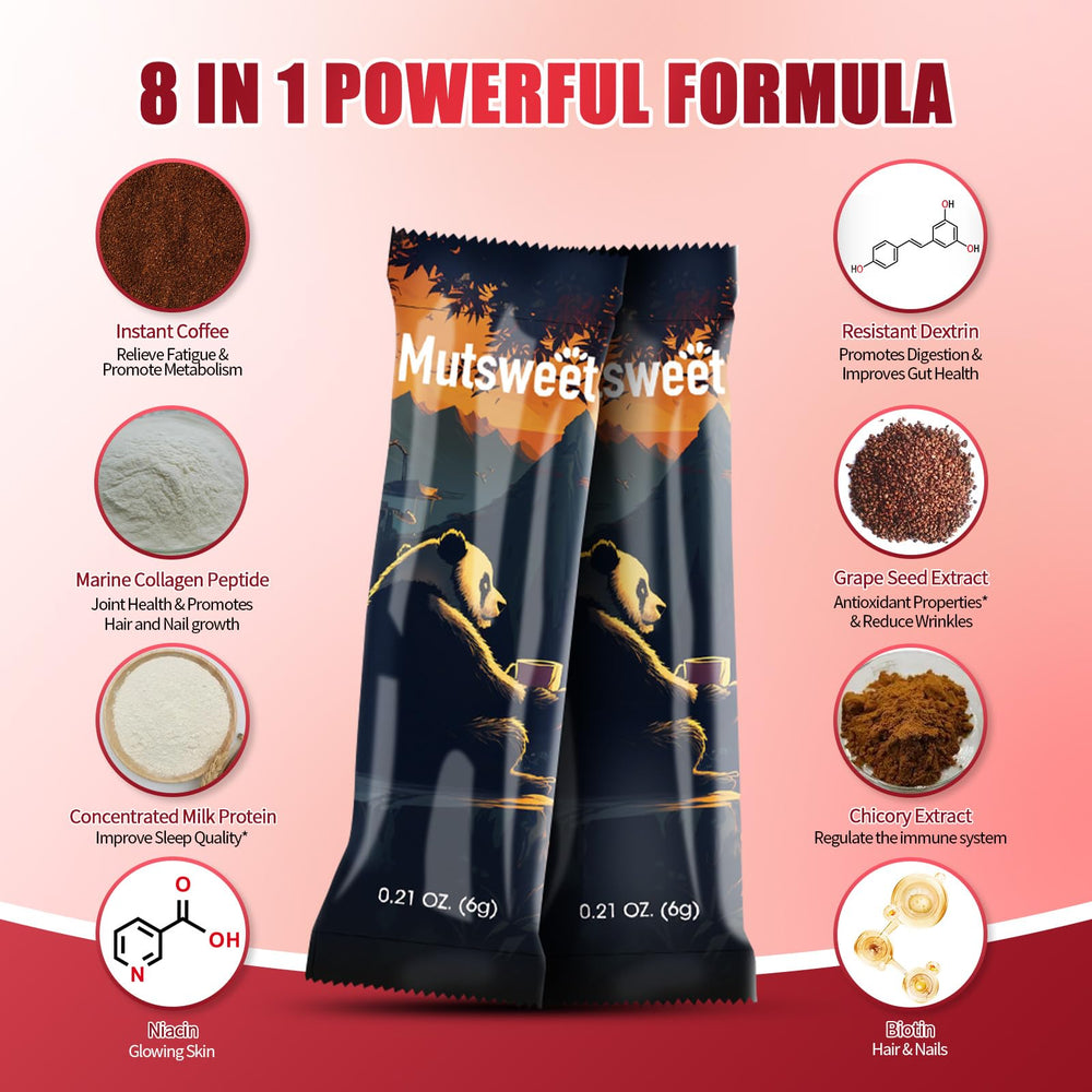 Mutsweet collagen coffee cup pour demonstrates quick mix for glowing skin and comfort.