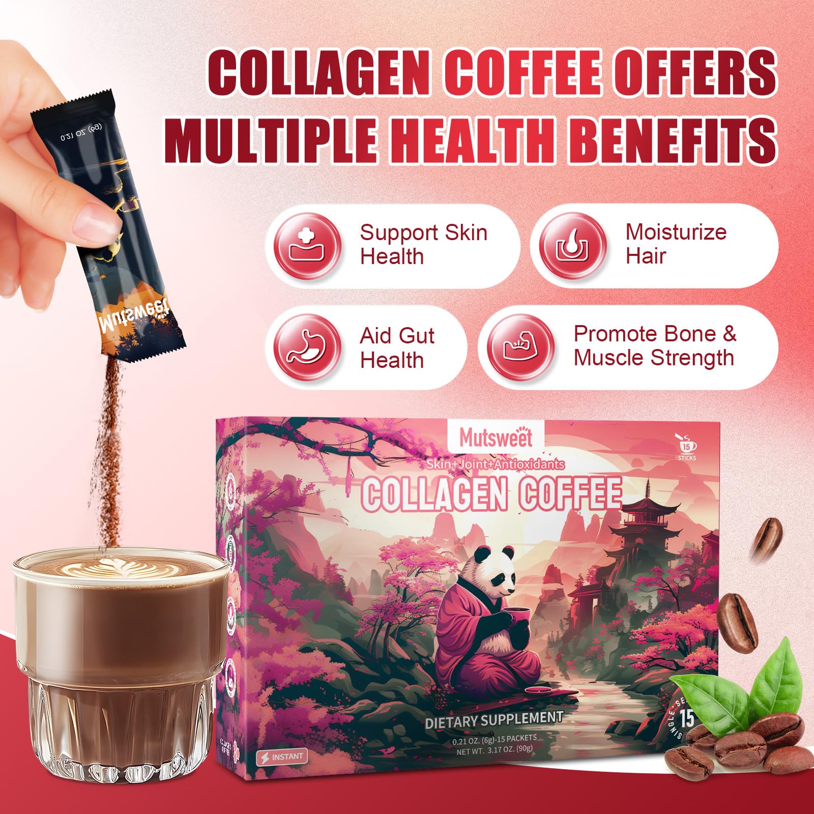 Mutsweet marine collagen bottle displays key ingredients for hydration and youthful skin.