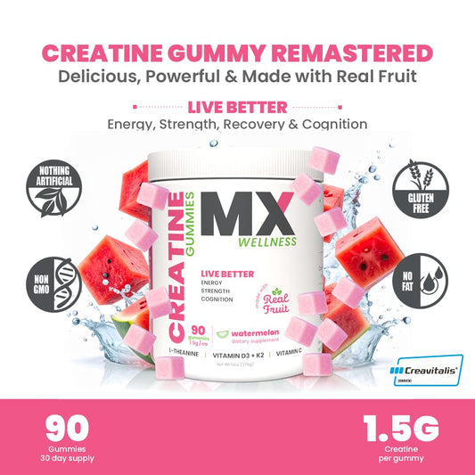 MX Wellness Creatine Monohydrate Gummies bottle closeup highlighting sugar-free fruit flavor.
