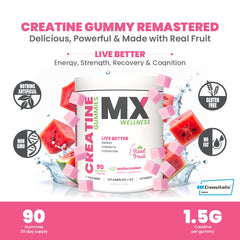 MX Wellness Creatine Monohydrate Gummies bottle closeup highlighting sugar-free fruit flavor.
