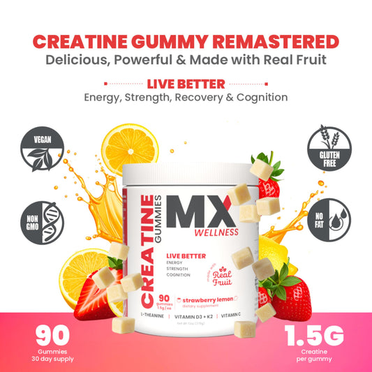 MX Wellness Gummies close-up showing chewy texture and real fruit flavor for daily use.
