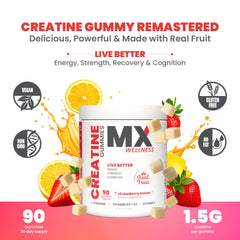 MX Wellness Gummies close-up showing chewy texture and real fruit flavor for daily use.
