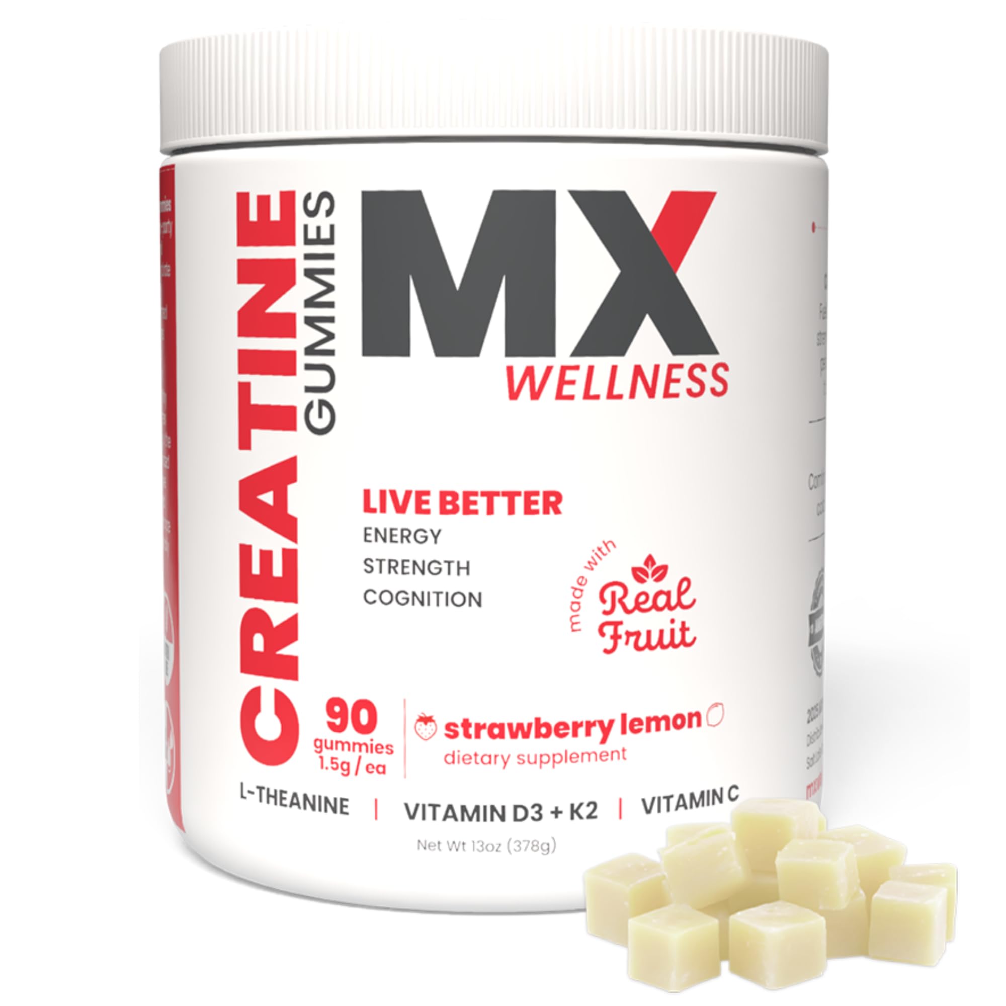 MX Wellness Creatine Monohydrate Gummies bottle front with strawberry lemon flavor and energy benefits.