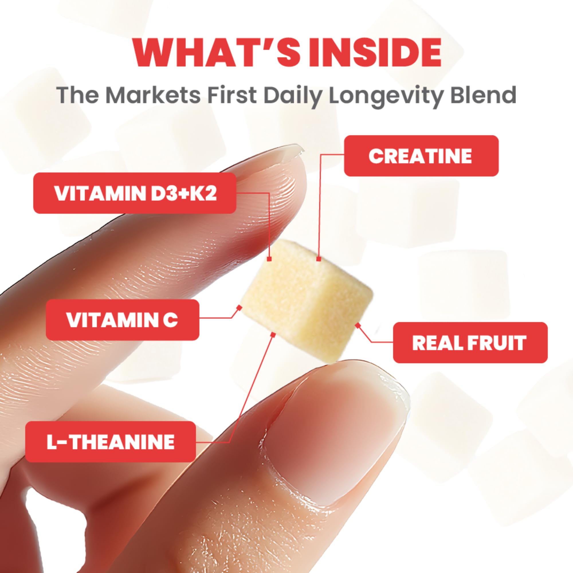 MX Wellness real-fruit gummy bite illustrating convenient, sugar-free creatine for on-the-go workouts.