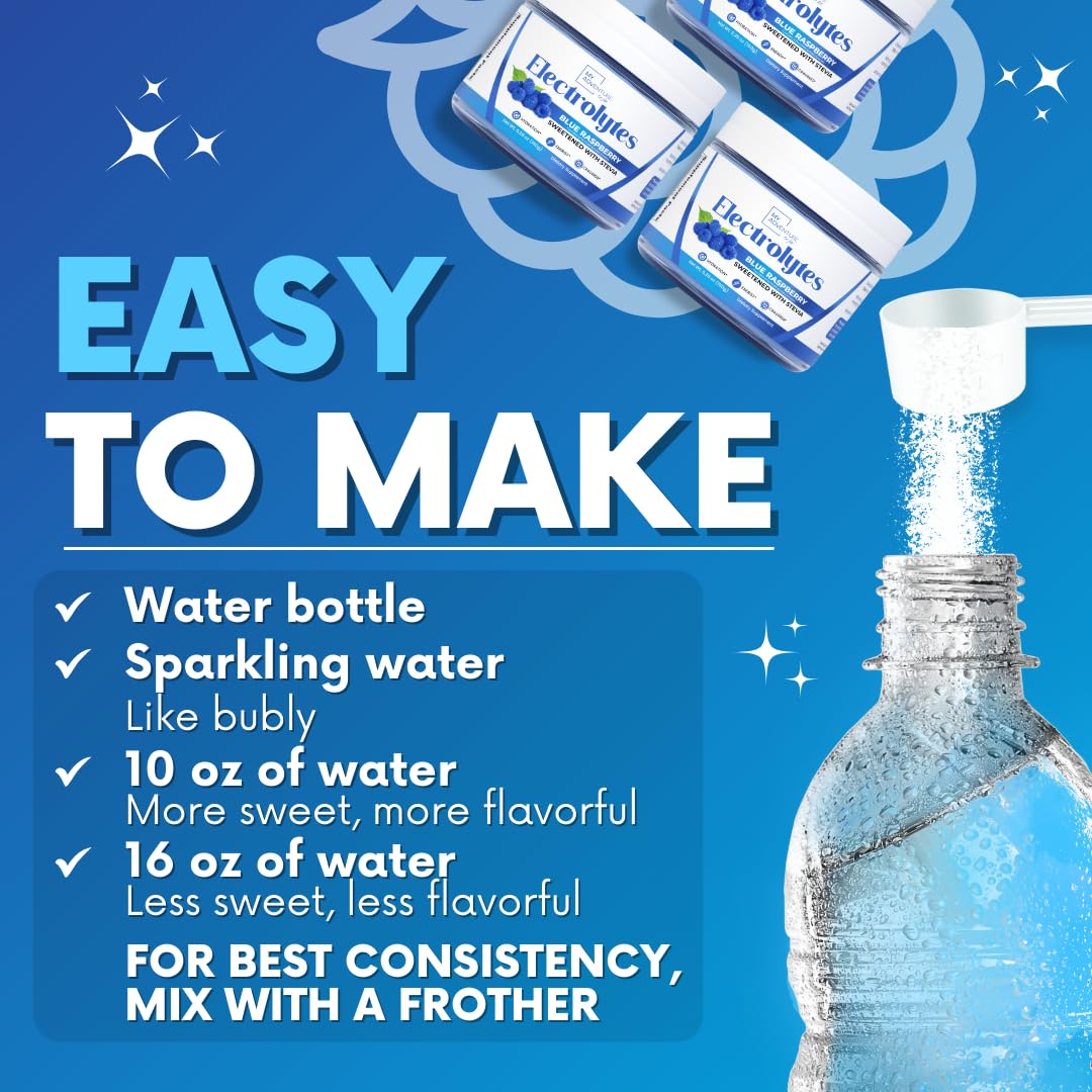 My Adventure to Fit blue raspberry electrolytes powder dispensing action for on-the-go hydration.