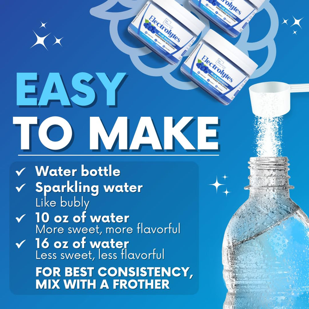My Adventure to Fit blue raspberry electrolytes powder dispensing action for on-the-go hydration.