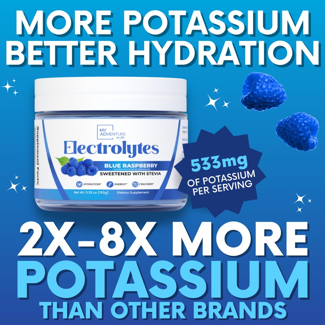 My Adventure to Fit blue raspberry electrolytes powder in a glass for refreshing hydration.