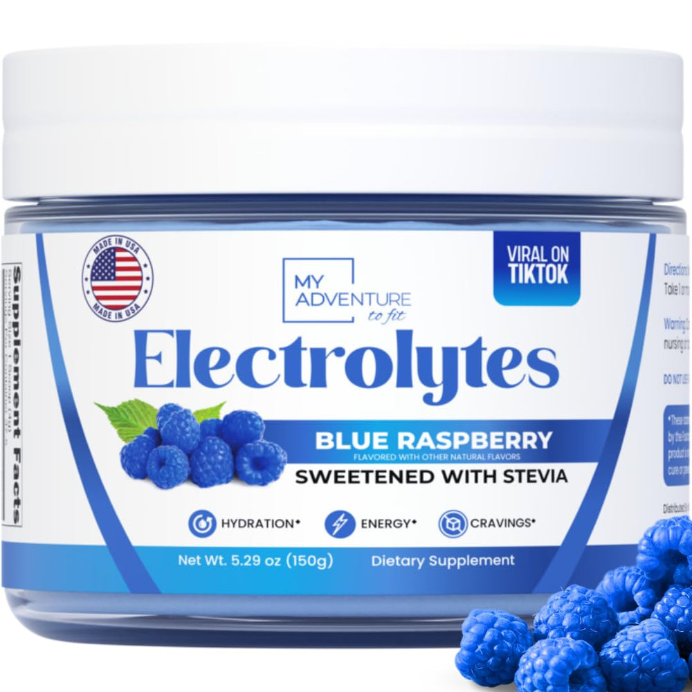 My Adventure to Fit blue raspberry electrolytes powder label highlights zero sugar hydration.