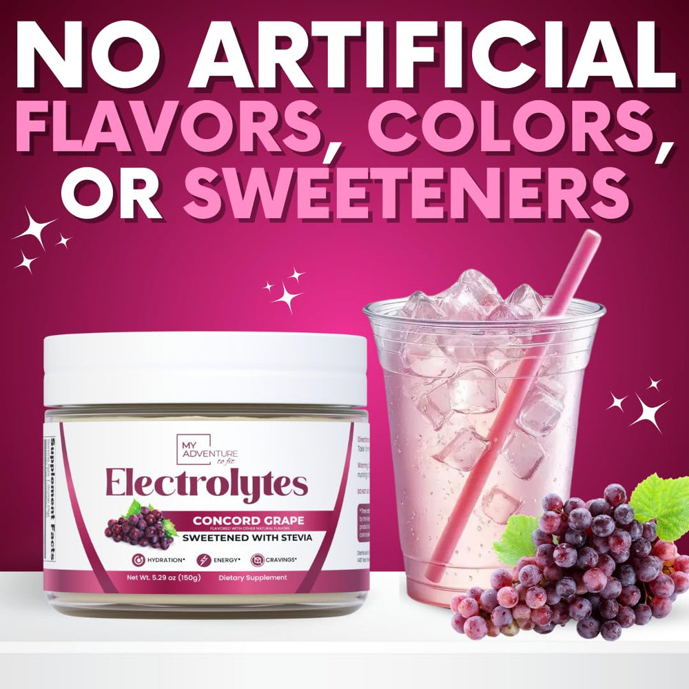 Concord Grape electrolytes powder dissolving in a glass for quick refreshment