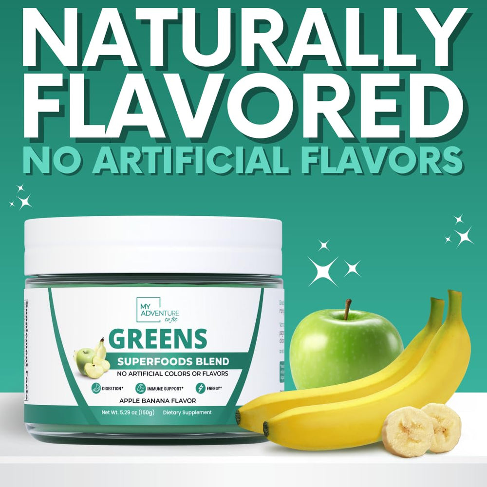 My Adventure to Fit green powder scoop, highlighting apple banana flavor.