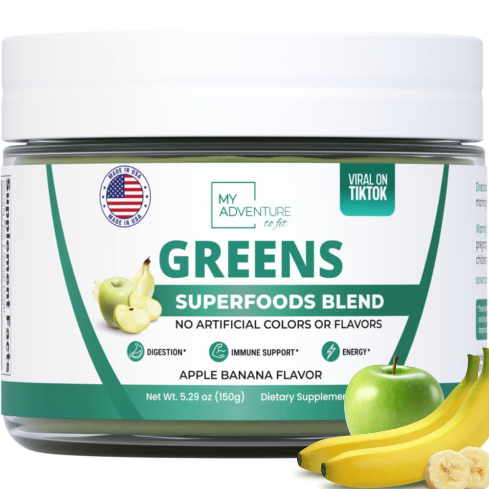 My Adventure to Fit green powder in a bottle, supporting digestion and gut health.