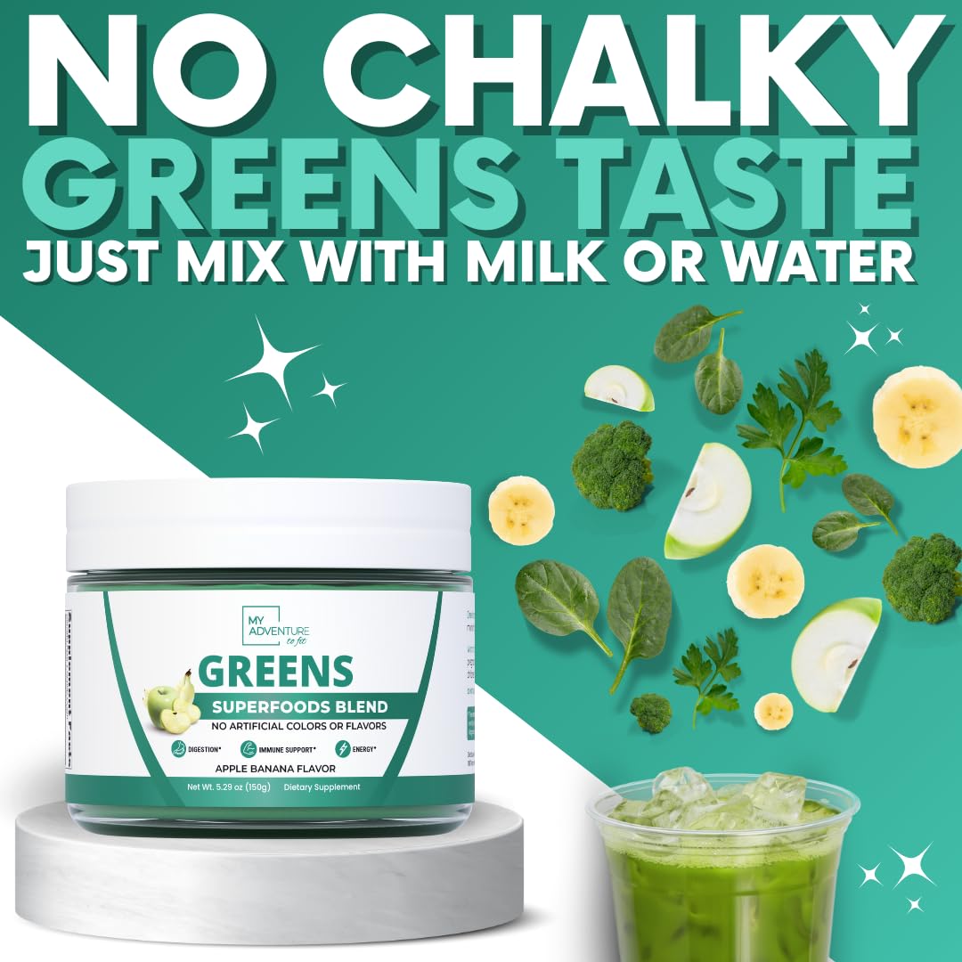 My Adventure to Fit green powder mixed with water for a quick boost.