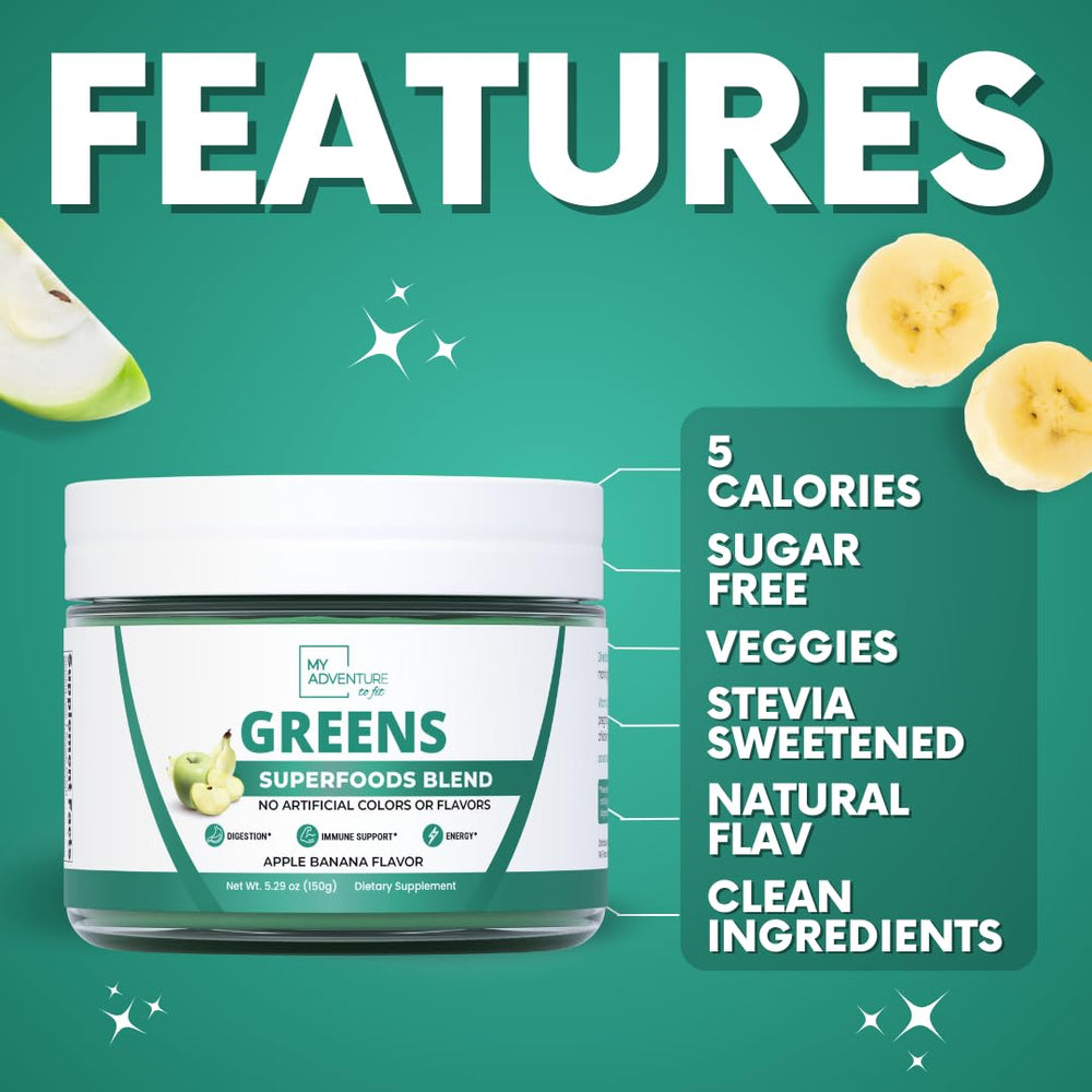 My Adventure to Fit green powder blended into a smoothie for daily greens.