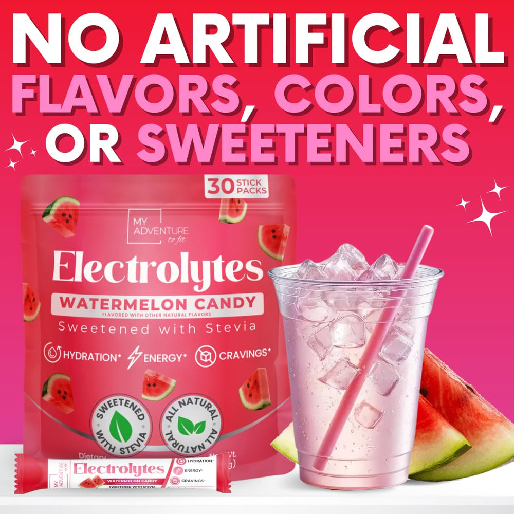 My Adventure to Fit Watermelon Electrolytes pack opened to reveal powder and scoop