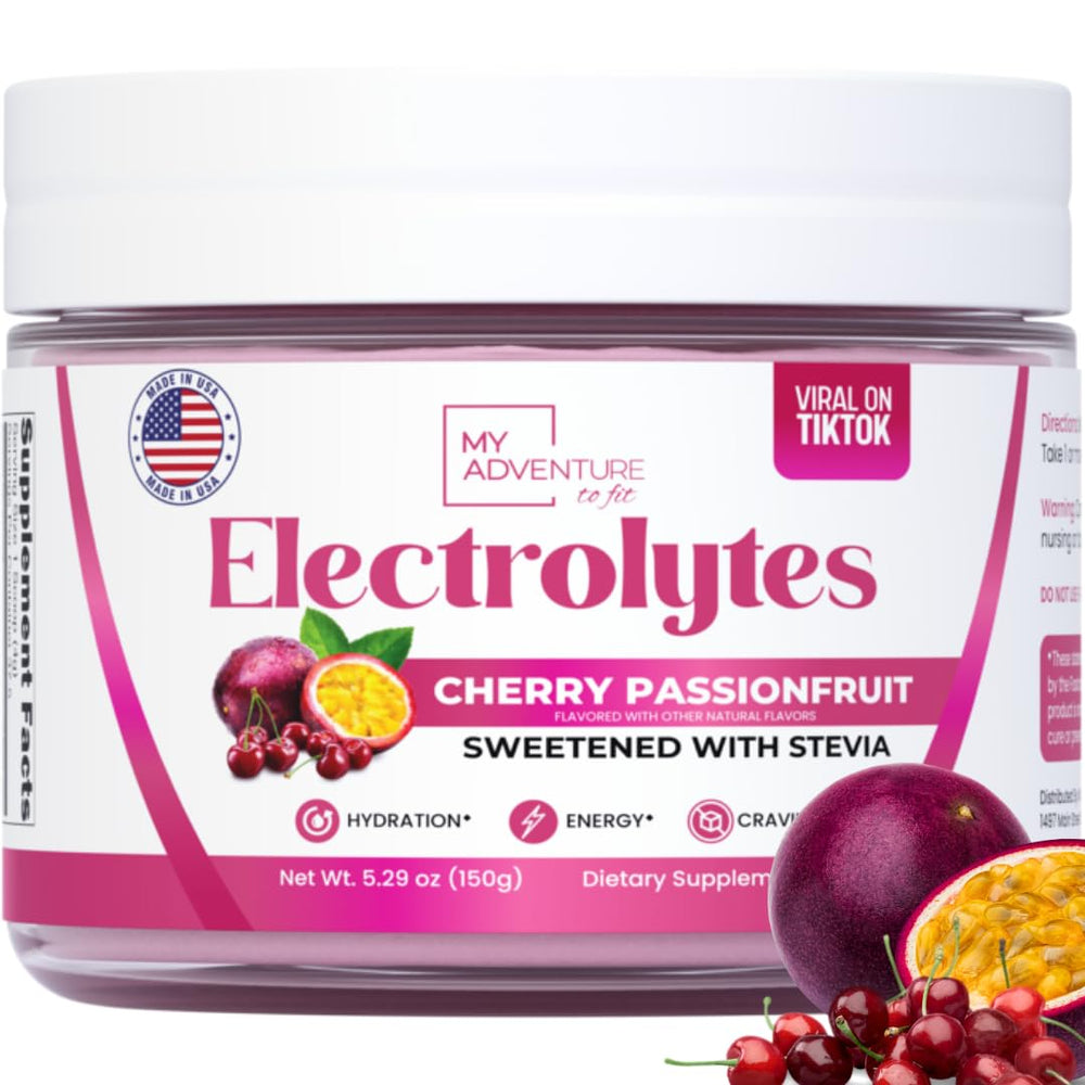 My Adventure to Fit zero sugar cherry passionfruit bottle for refreshing hydration during workouts