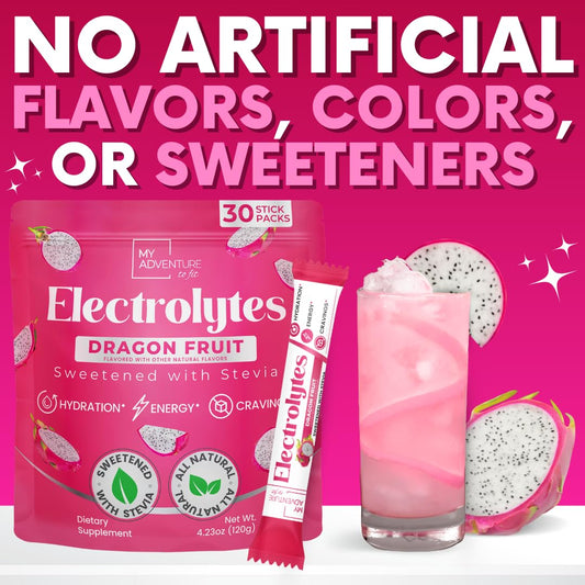 My Adventure to Fit Zero Sugar Dragon Fruit Electrolytes Stick dispense action highlighting convenient on-the-go hydration.