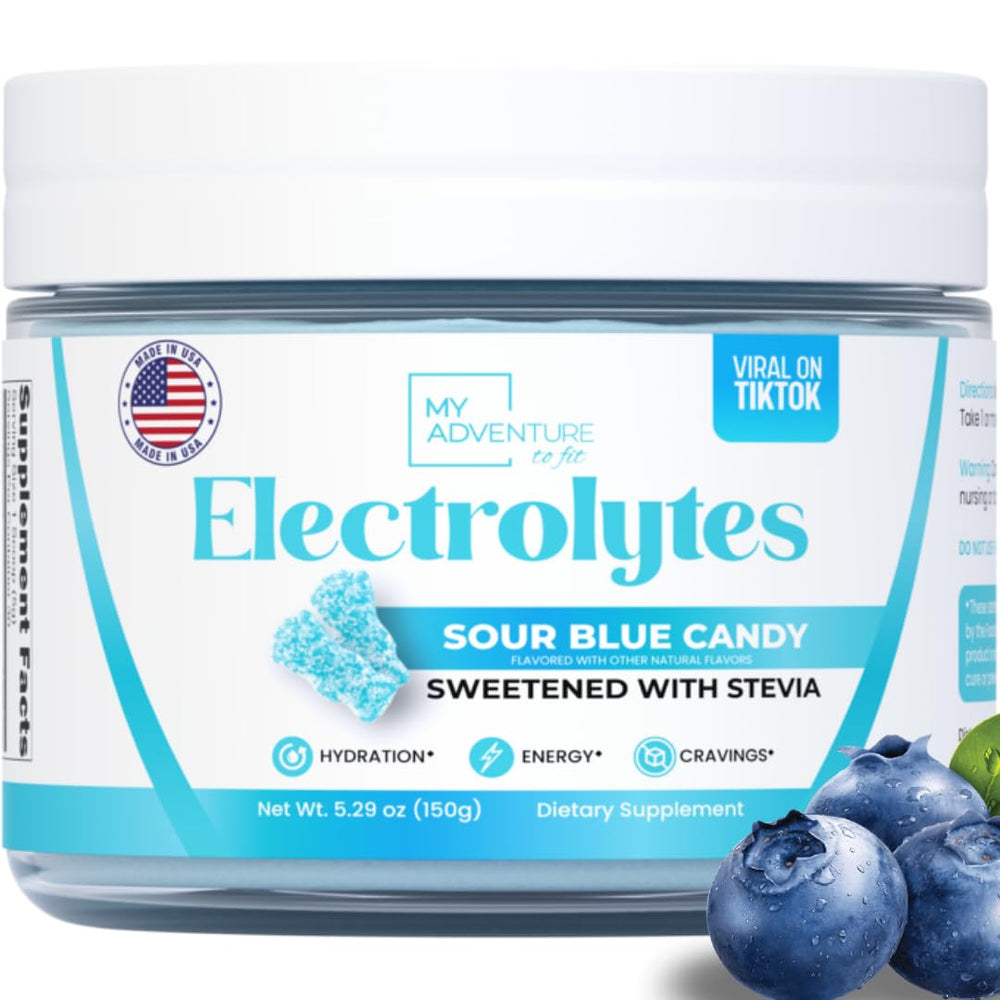 My Adventure to Fit Sour Blue Candy Electrolytes powder bottle for hydration during workouts
