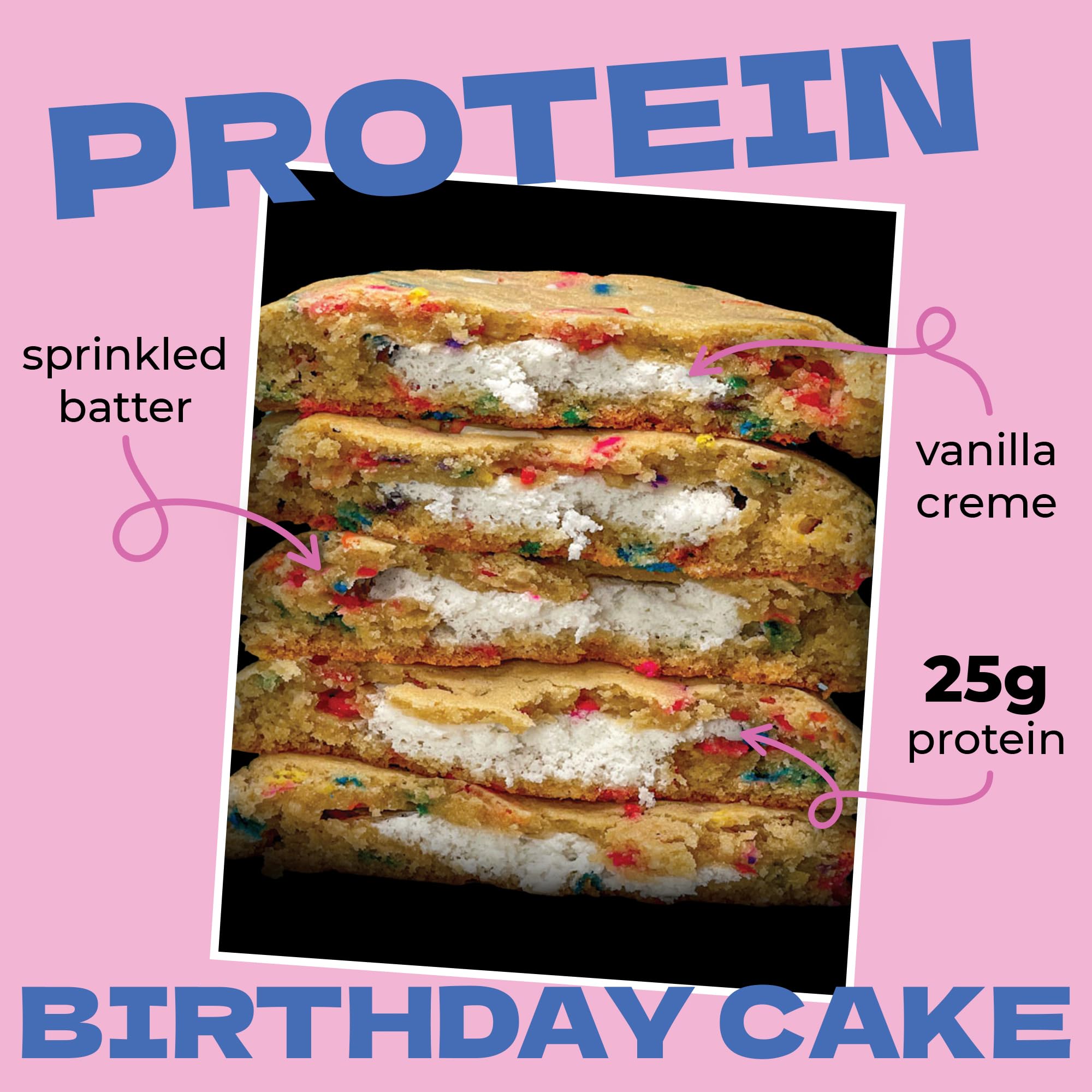 My Cookie Dealer Birthday Cake half-bite shows vanilla cake with confetti sprinkles for a satisfying treat